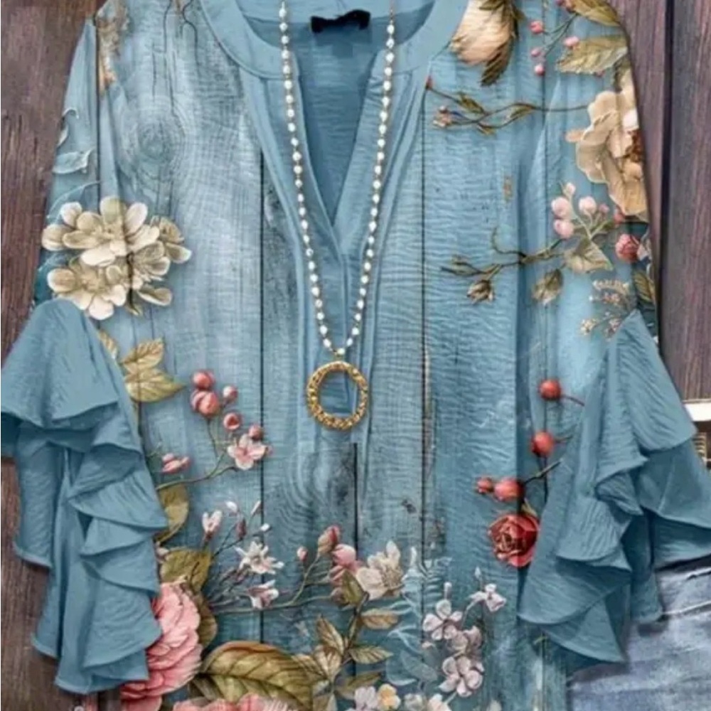 Elegant Floral Ruffle Sleeve Blouse in Blue